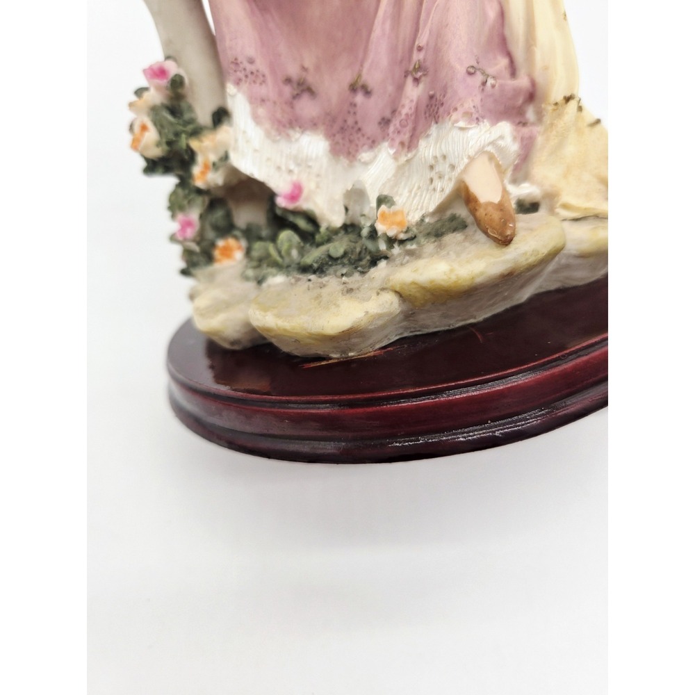 Woman With Flowers Bench Figurine Tea Party  13.5" Resin On Wood Base - Picture 4 of 7